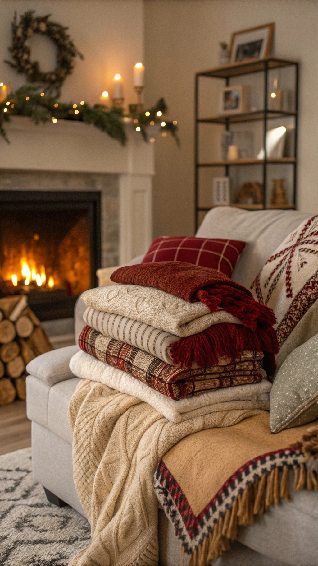 Winter Decor Ideas for the Home That'll Make Your Home Feel Like a Cozy Snow Globe A cozy sofa with layered blankets and pillows, set near a fireplace.