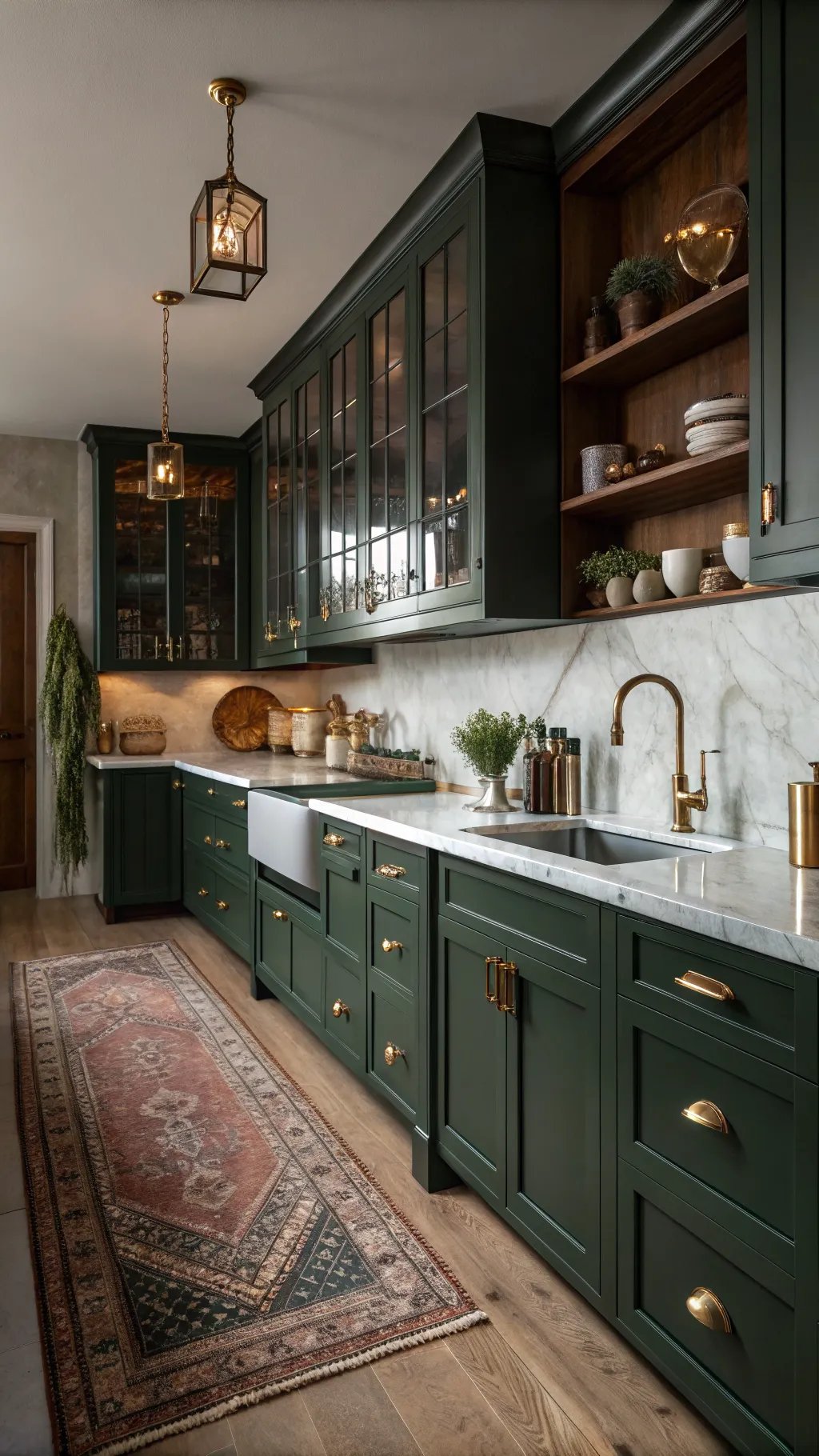 A cozy kitchen with dark green cabinets, marble countertops, and stylish lighting.