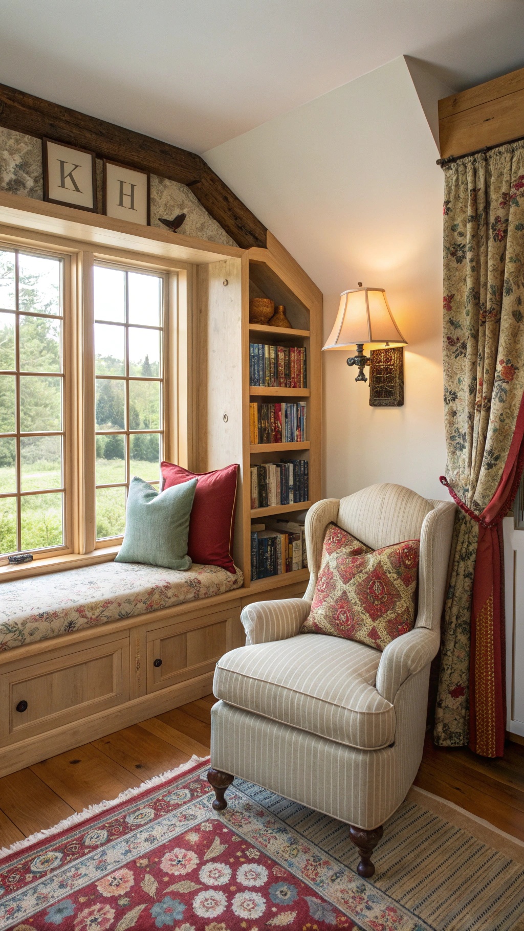 How to Create Your Dream French Country Bedroom Cozy reading nook with a comfortable armchair, built-in bookshelf, and large window in a French Country Bedroom.