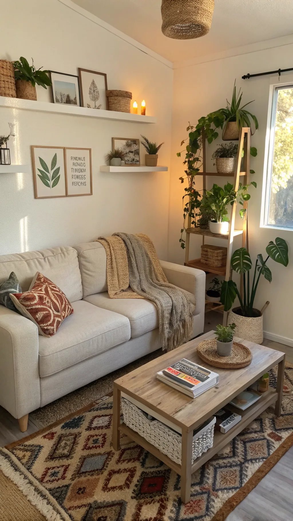A cozy small living room with a neutral couch, decorative pillows, plants, and warm lighting