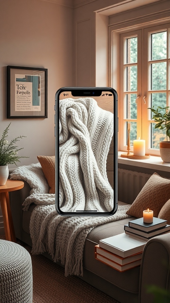 A cozy living room with a knitted blanket and warm lighting, featuring a phone displaying a matching wallpaper.