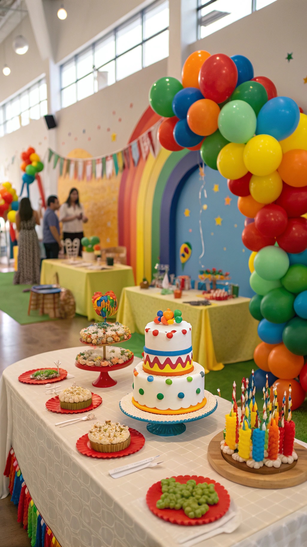 A colorful birthday party setup with balloons, cakes, and decorations.