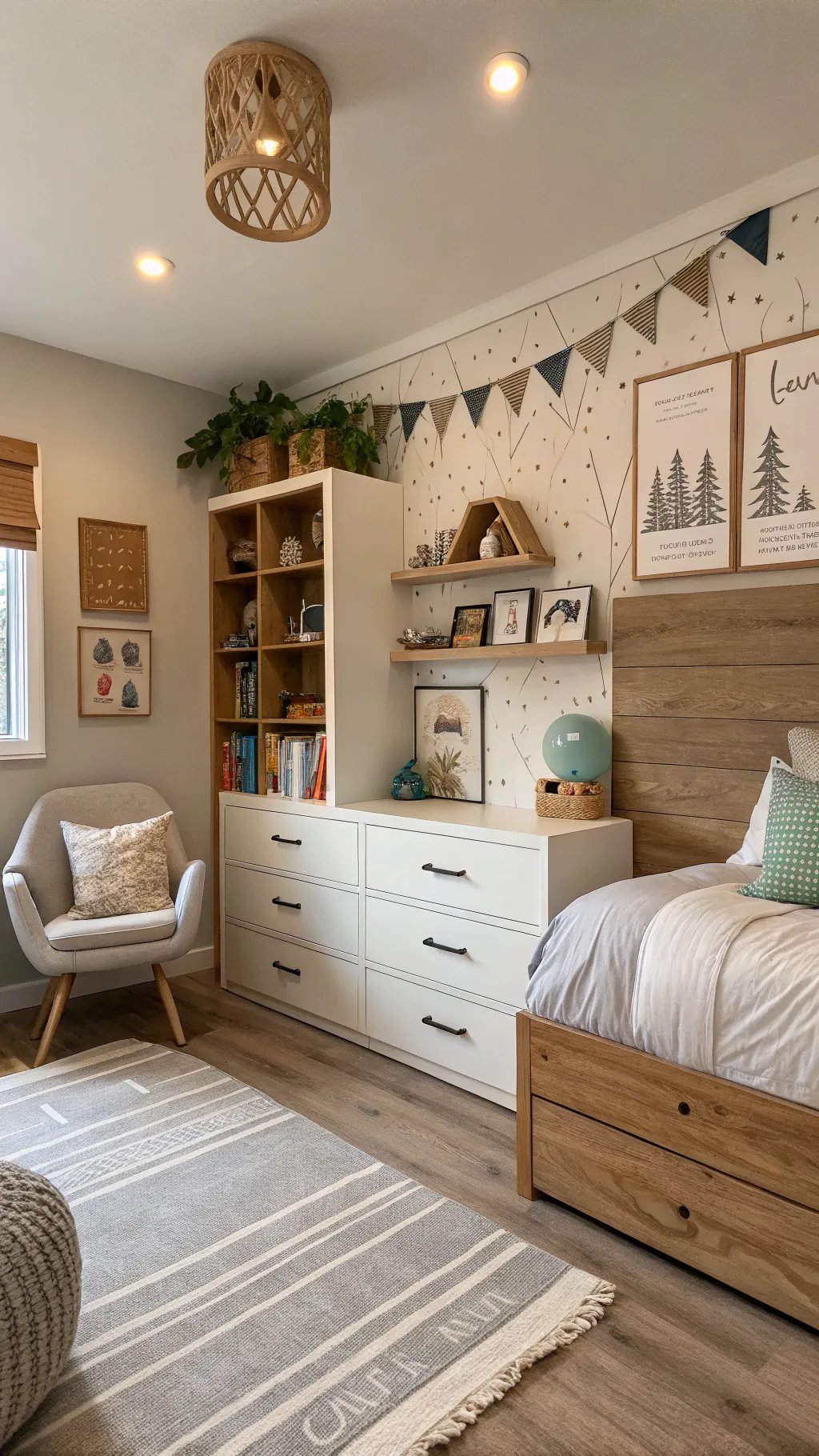 A stylish boys bedroom with a cozy design featuring warm wood tones, playful decor, and a comfortable rug.