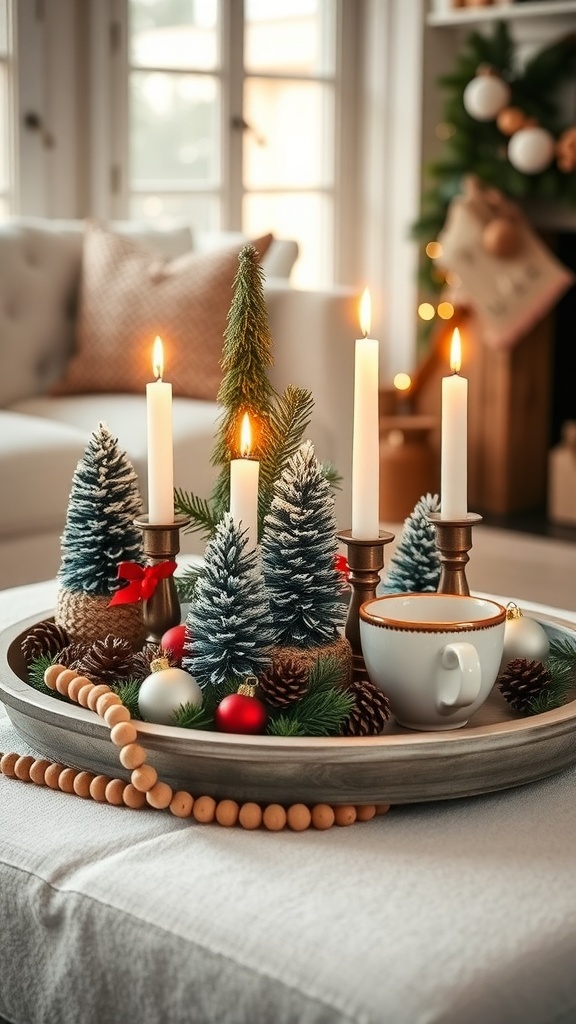 A cozy Christmas tray decor featuring miniature trees, candles, and ornaments.