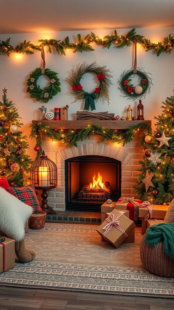 Cozy Christmas living room with decorated tree, wreaths, and fireplace