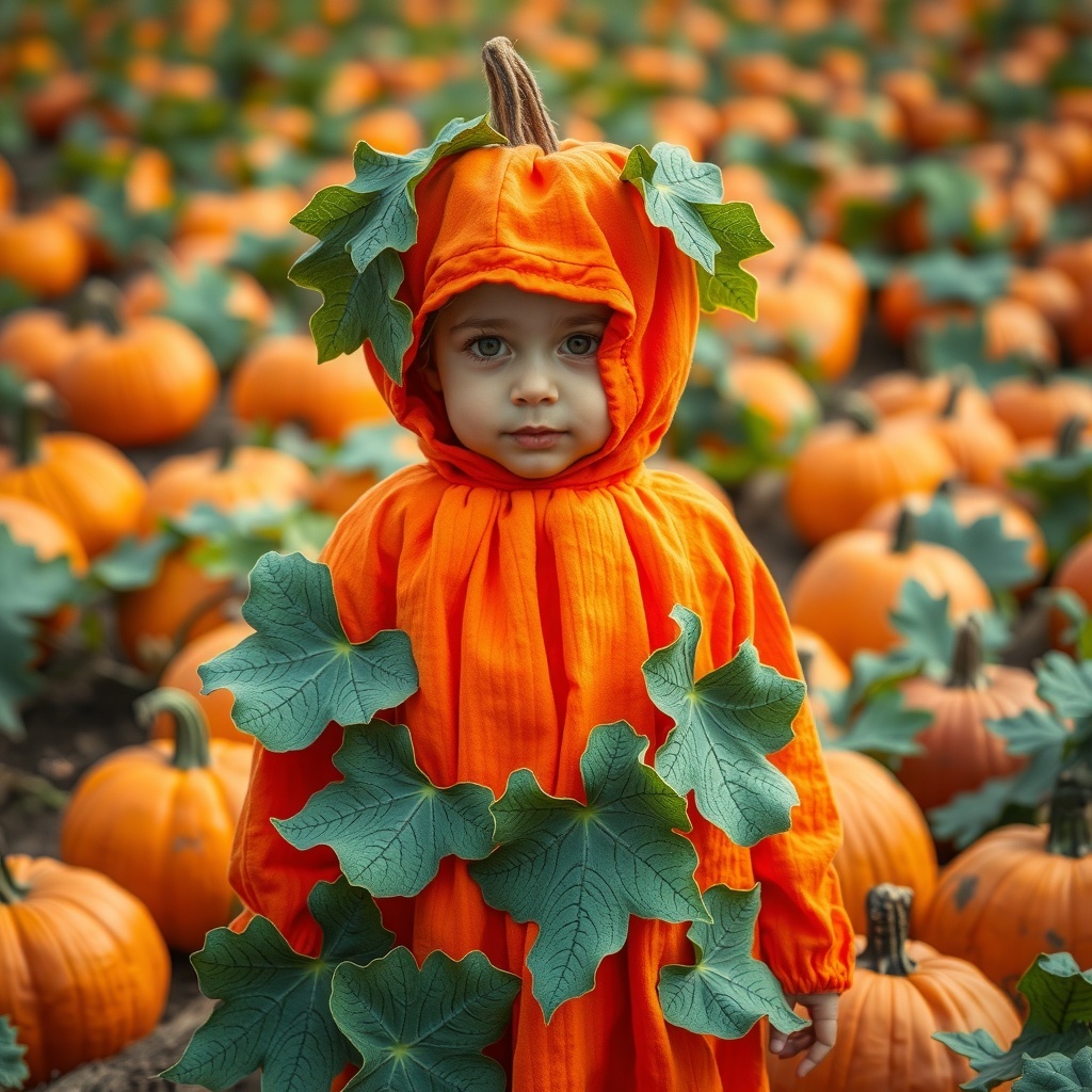 50 Spooktacular Halloween Costumes for Every Theme and Style A child in a pumpkin costume surrounded by pumpkins in a field.