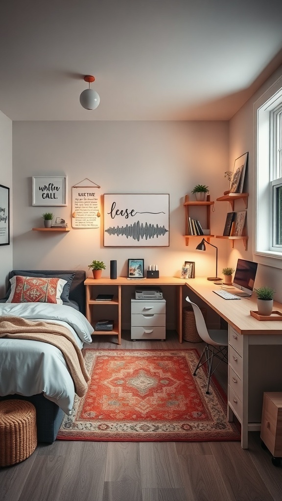 A stylish dorm room featuring a cozy bed, organized desk, and decorative elements.