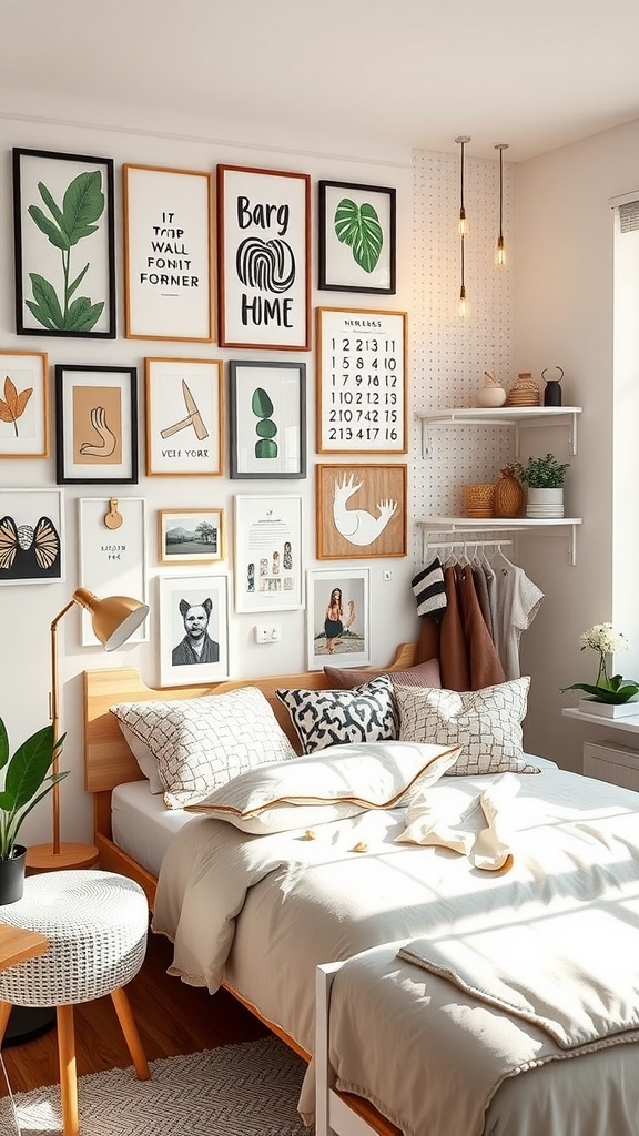 A cozy dorm room featuring a gallery wall with various framed art pieces and plants.