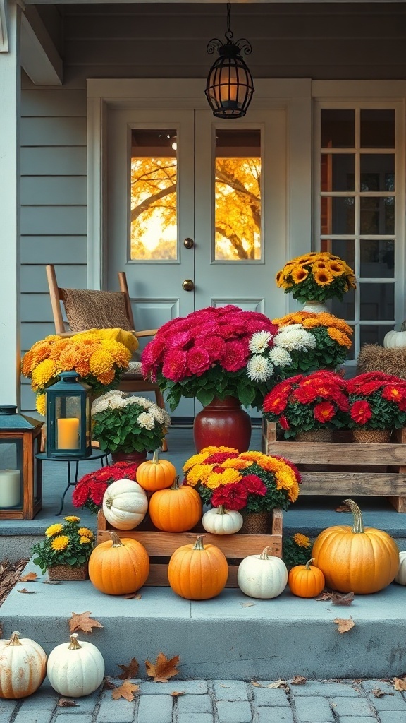 A charming fall display featuring colorful mums and pumpkins on a front porch