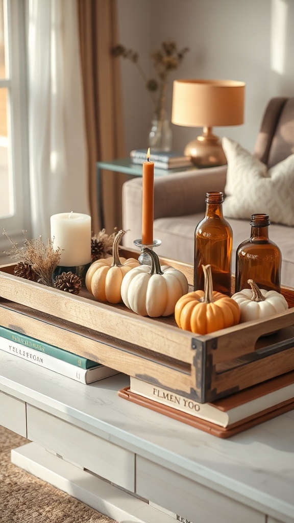 Decorative fall tray featuring pumpkins, candles, and amber glass bottles