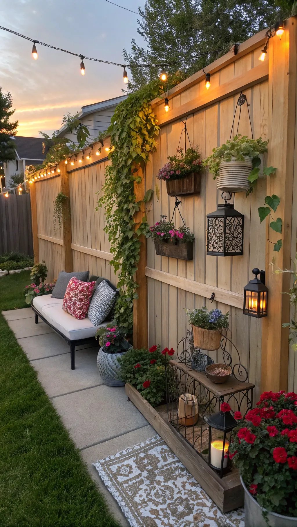A beautifully decorated backyard with string lights, hanging plants, and a cozy seating area.