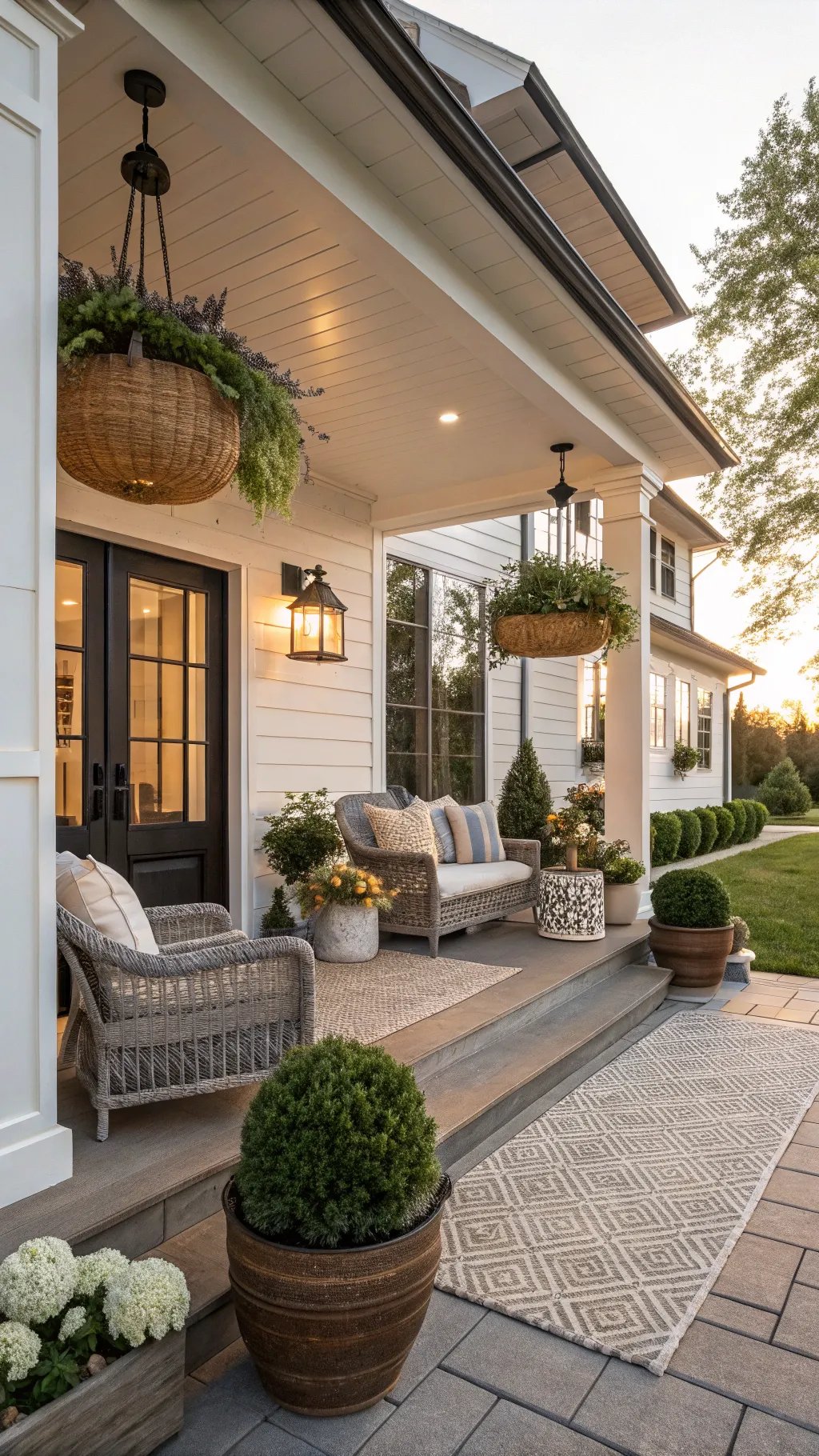 A beautifully designed front porch with cozy seating, hanging plants, and decorative lighting.