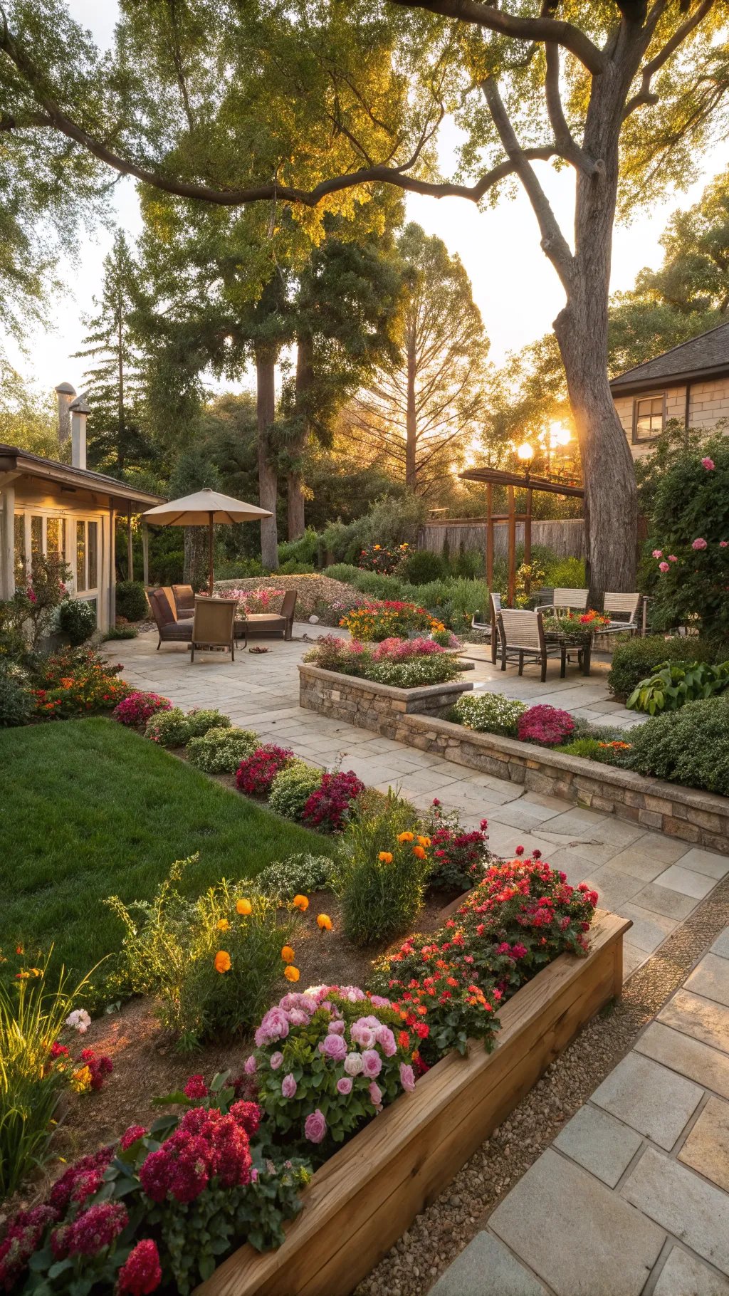 A beautifully landscaped front yard with flowers and a cozy seating area.