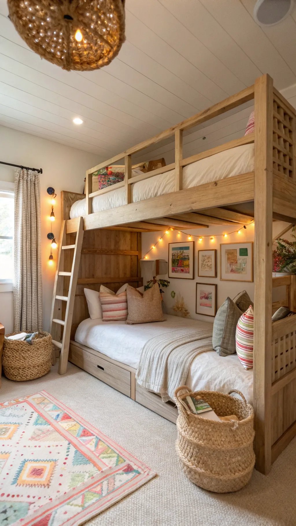 Cozy bunk room with wooden bunk bed and colorful decor.