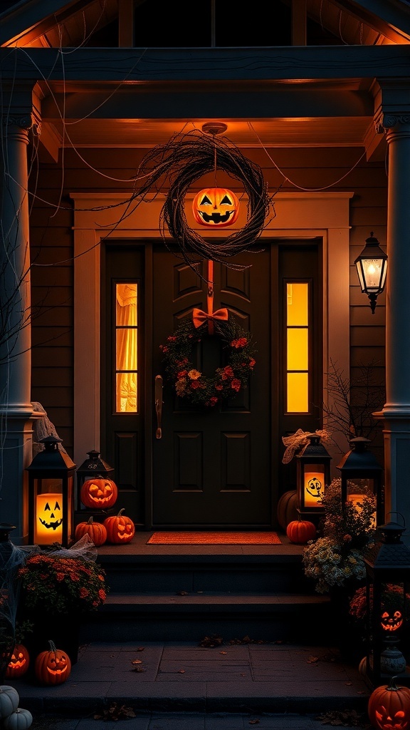 Halloween-themed front porch with pumpkins, lanterns, and a wreath