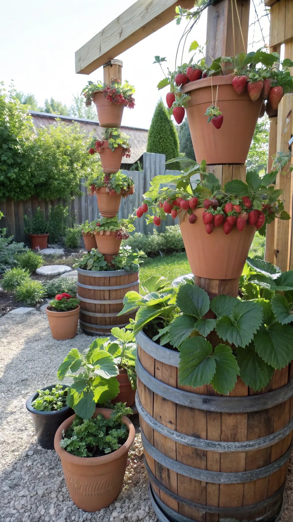 A creative arrangement of strawberry planters showcasing terracotta pots and vibrant strawberries.