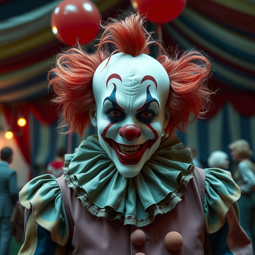 50 Spooktacular Halloween Costumes for Every Theme and Style A creepy clown with orange hair and a menacing grin, wearing a colorful costume with a ruffled collar.