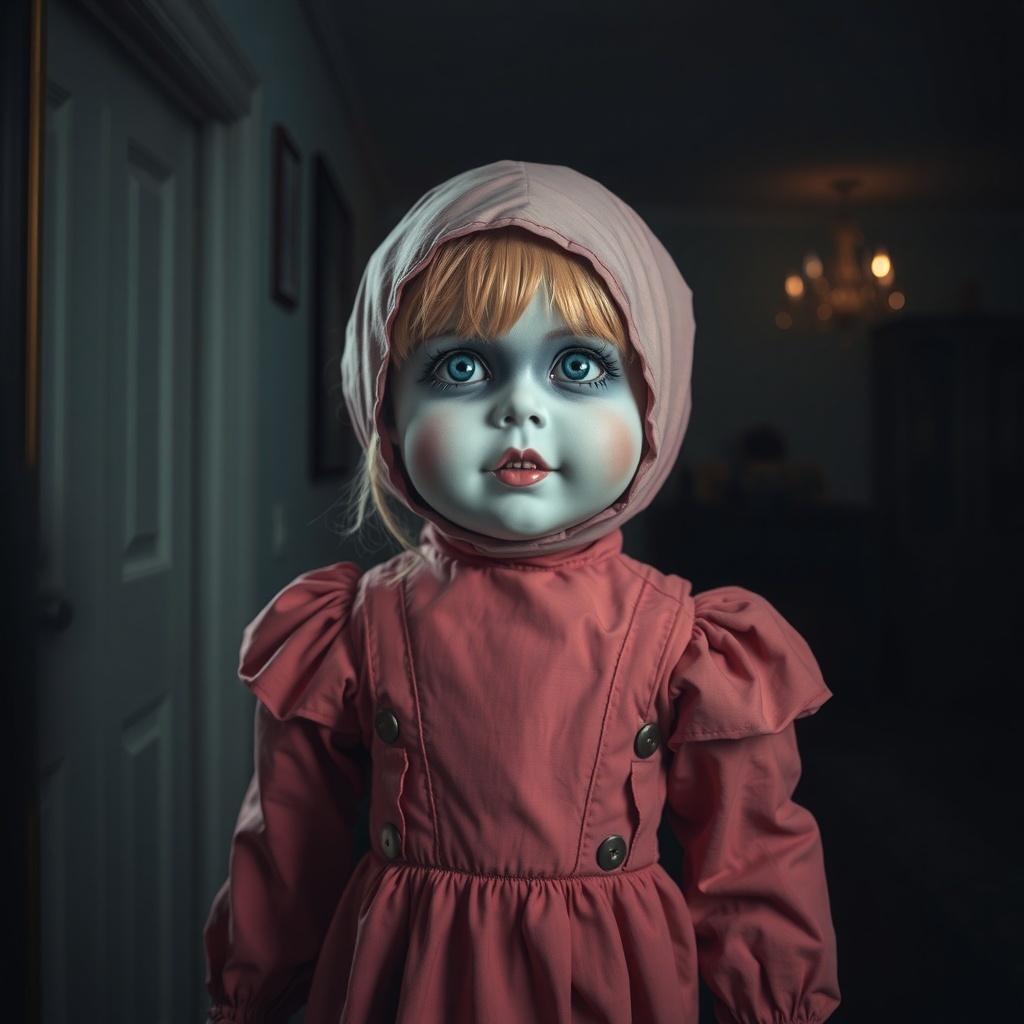 50 Spooktacular Halloween Costumes for Every Theme and Style A creepy doll character with big blue eyes and a vintage outfit.