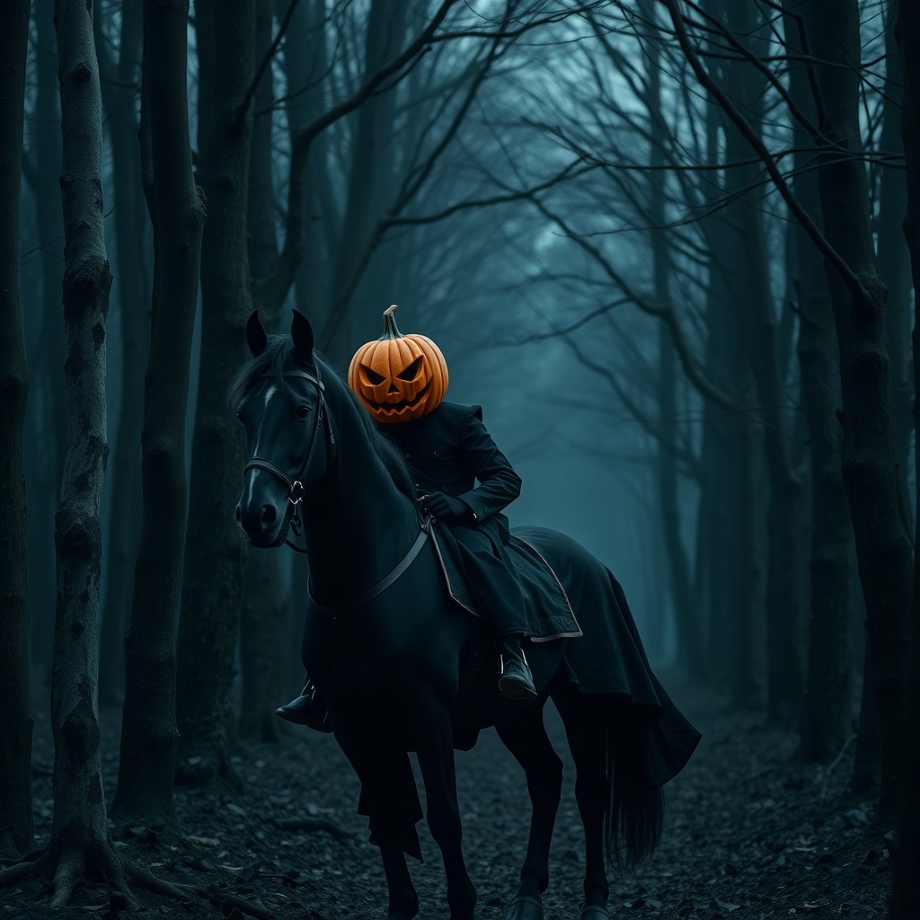 50 Spooktacular Halloween Costumes for Every Theme and Style A figure dressed as the Headless Horseman riding a black horse in a misty forest with a pumpkin head.