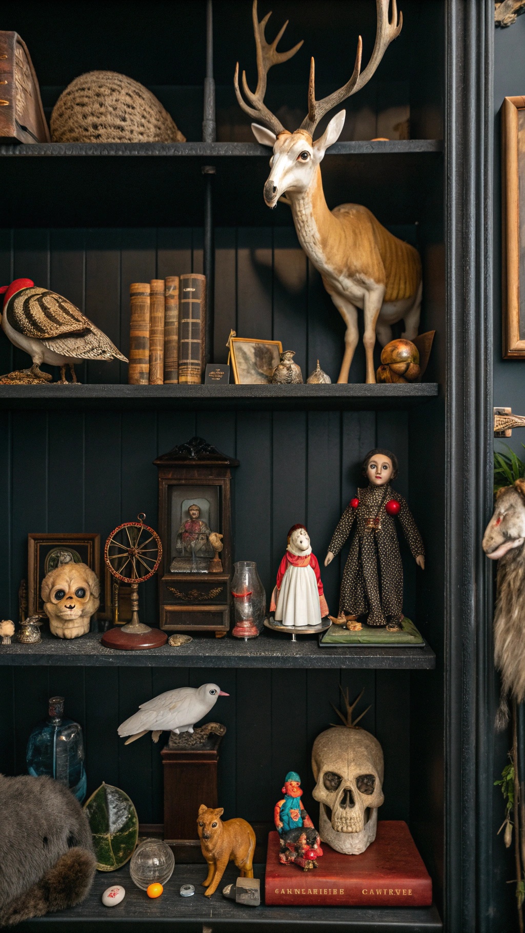 Whimsical Goth Room Decor: Crafting a Magical, Moody Sanctuary A collection of curiosities and oddities in a whimsical goth room, featuring taxidermy, vintage dolls, and unique trinkets.