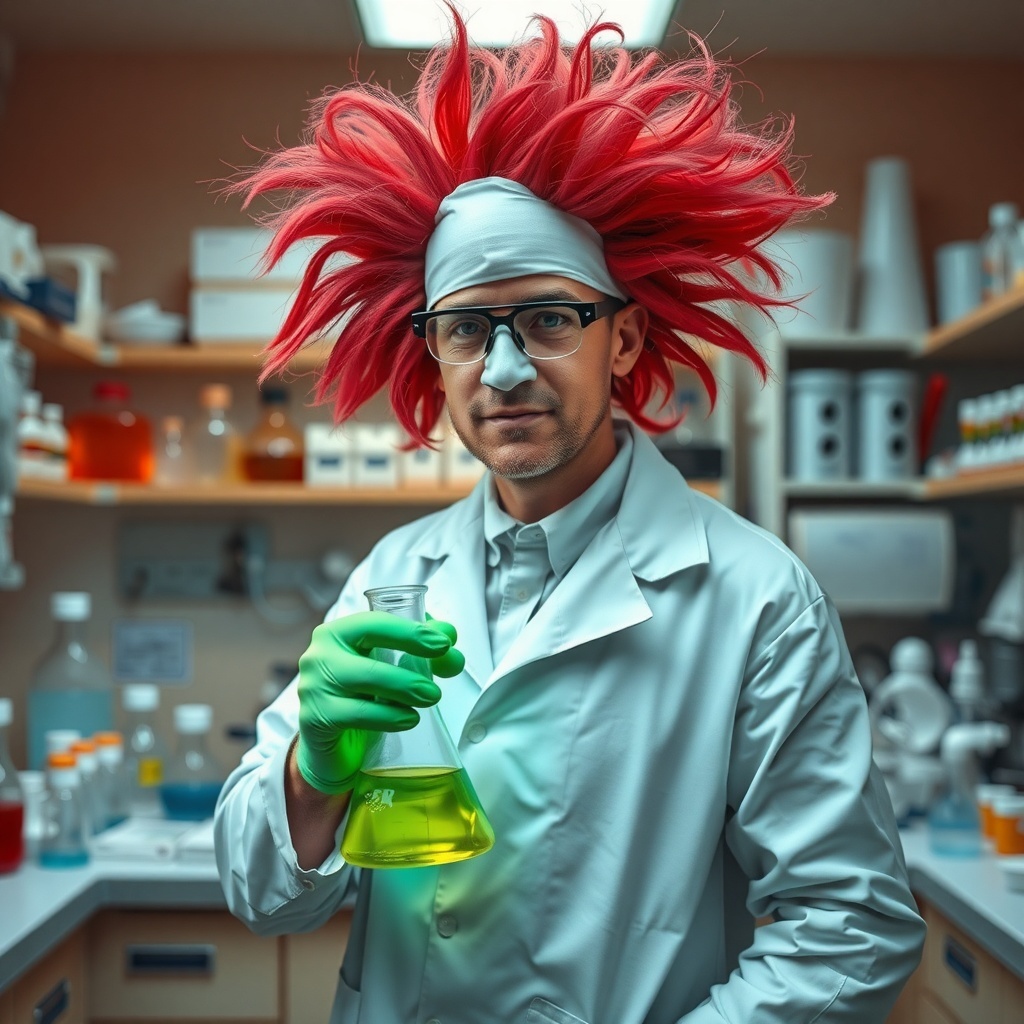 50 Spooktacular Halloween Costumes for Every Theme and Style A man dressed as a mad scientist with wild red hair, wearing a lab coat and holding a beaker in a laboratory setting.