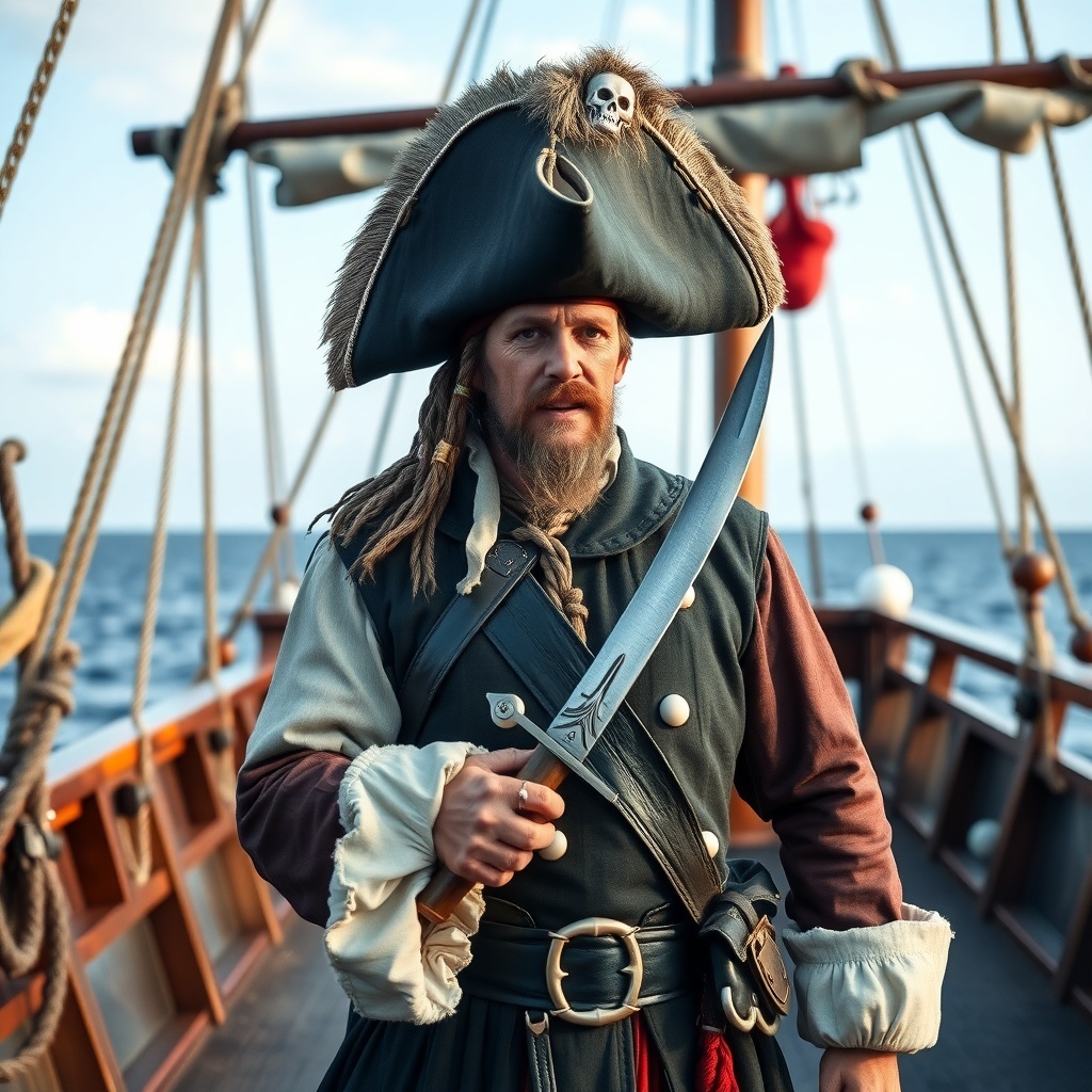 50 Spooktacular Halloween Costumes for Every Theme and Style A pirate captain standing on a ship deck, wearing a large hat with a skull, holding a sword.