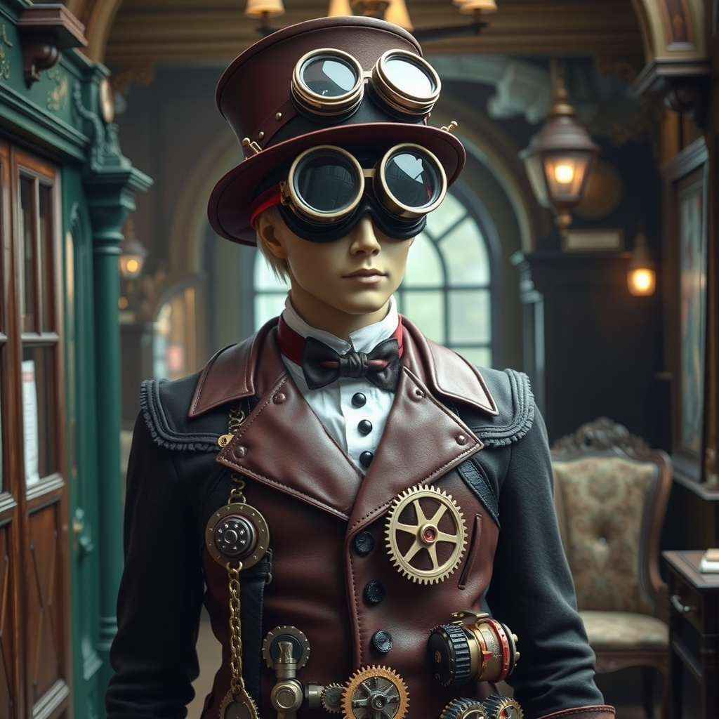 50 Spooktacular Halloween Costumes for Every Theme and Style A mannequin dressed as a steampunk adventurer with a brown leather jacket, top hat, and goggles.