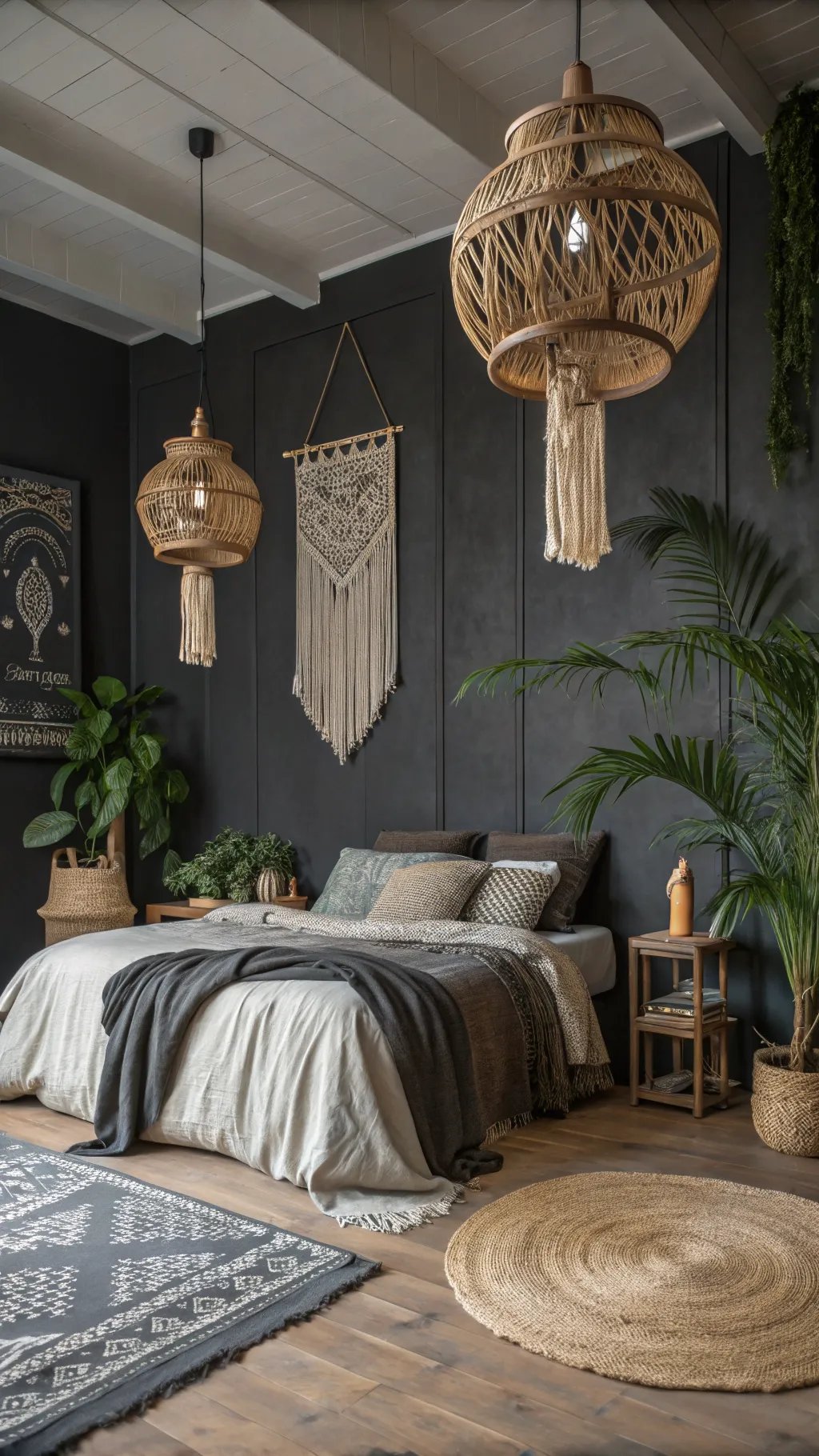 A beautifully styled dark boho bedroom with rich textures, featuring woven light fixtures, plants, and cozy bedding.
