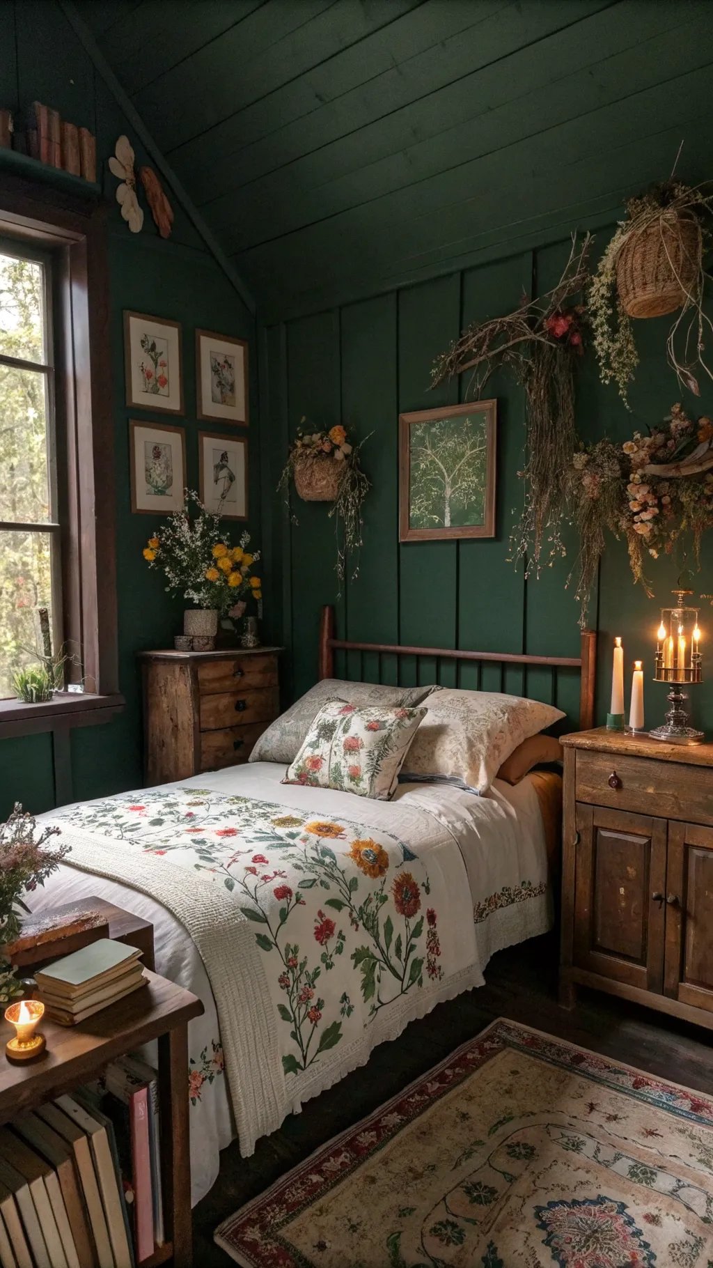 A cozy dark cottagecore bedroom with green walls, floral bedding, and rustic decor.