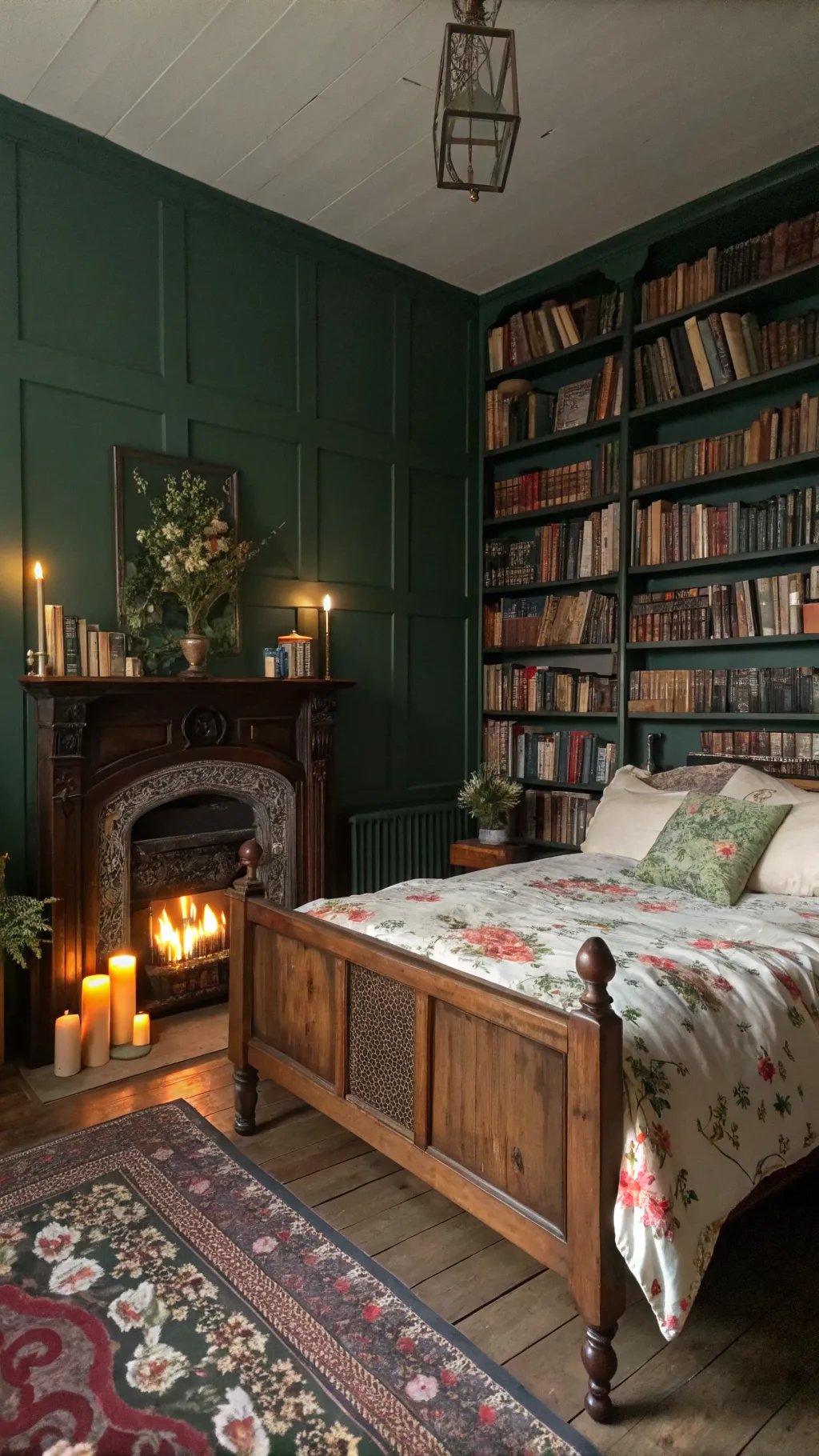 A cozy dark cottagecore bedroom with a library, featuring green walls, wooden furnishings, and a fireplace.