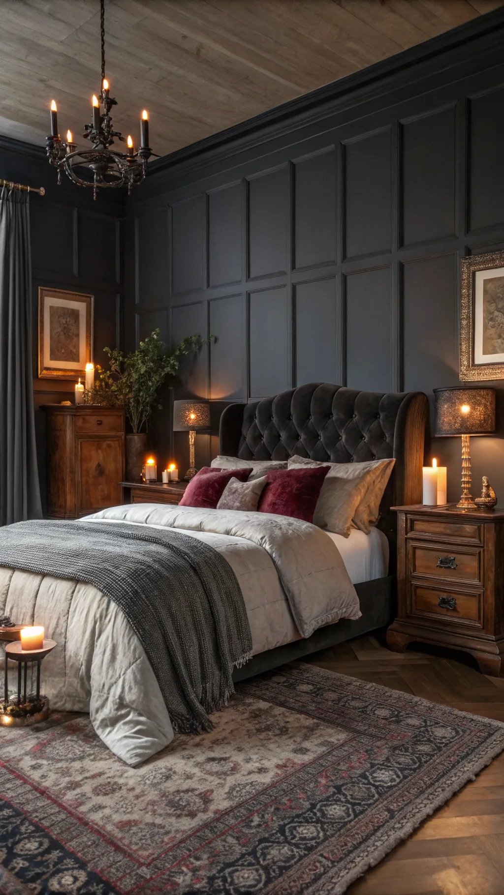 A dark cozy bedroom featuring a plush headboard, candles, and elegant decor.