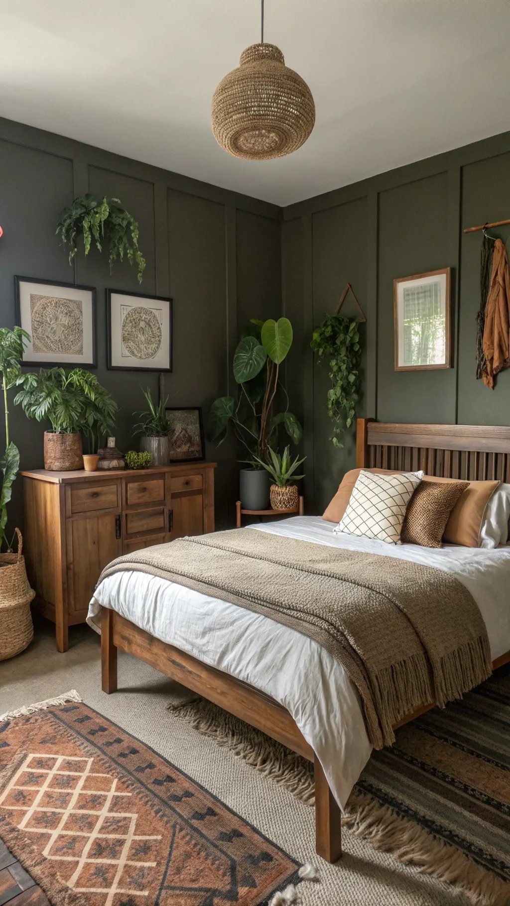 Cozy bedroom with dark earthy tones, wooden furniture, and plants.