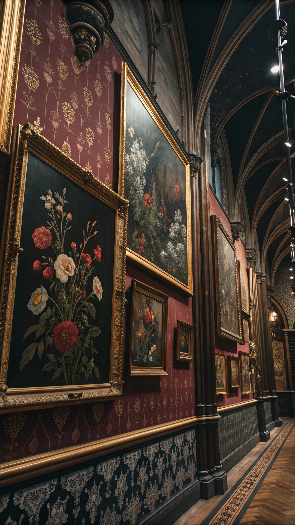 Whimsical Goth Room Decor: Crafting a Magical, Moody Sanctuary A wall adorned with dark floral paintings in ornate frames, set against a burgundy patterned background.