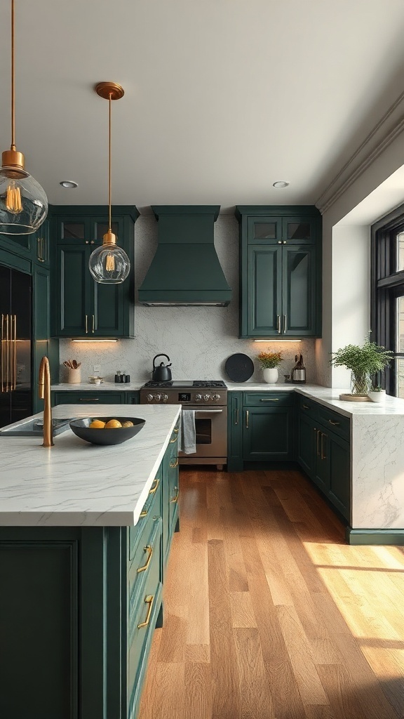 Luxurious kitchen with dark green cabinets, marble countertops, and golden fixtures.