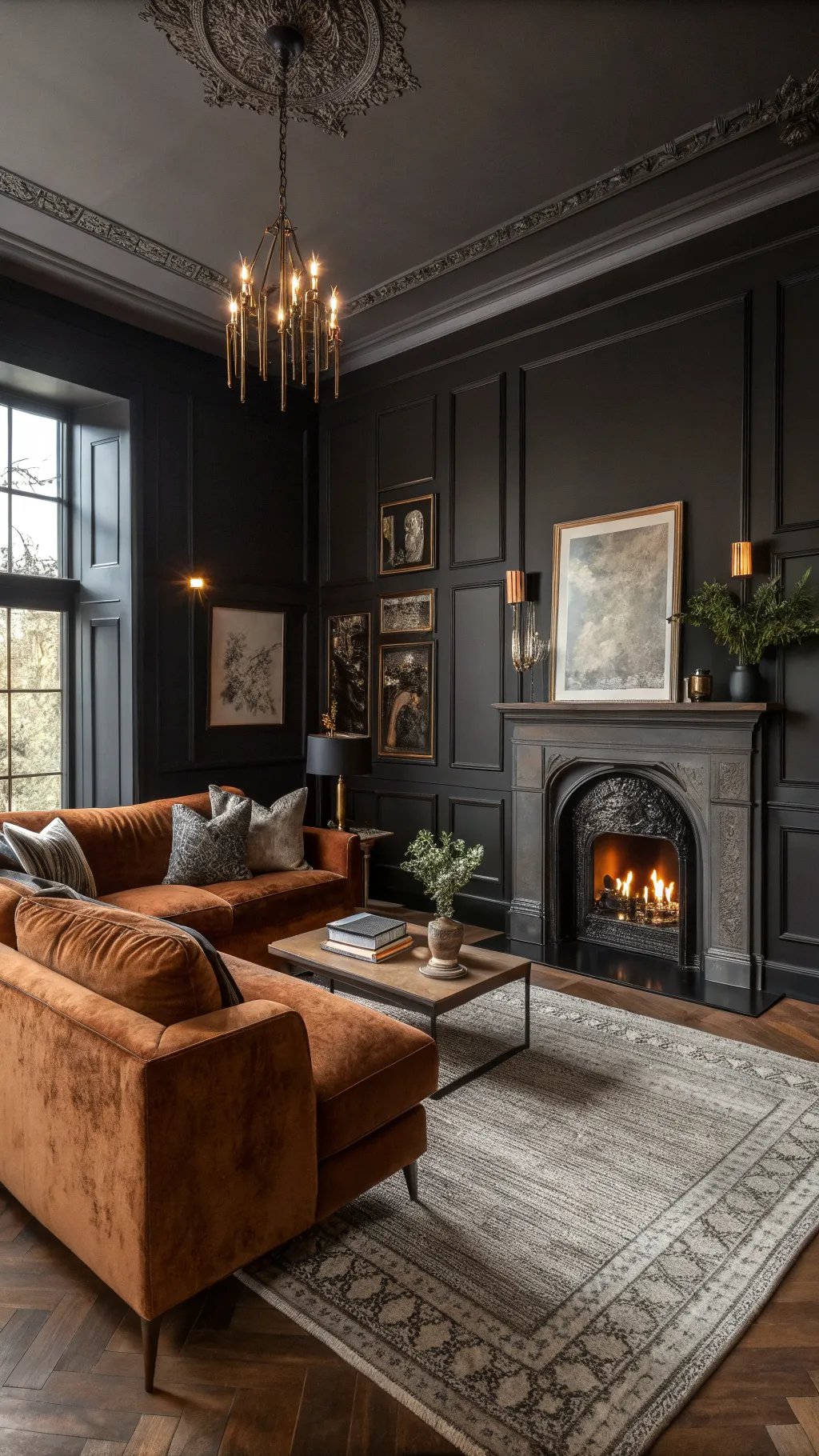 Cozy dark living room with orange sofa, elegant chandelier, and fireplace.