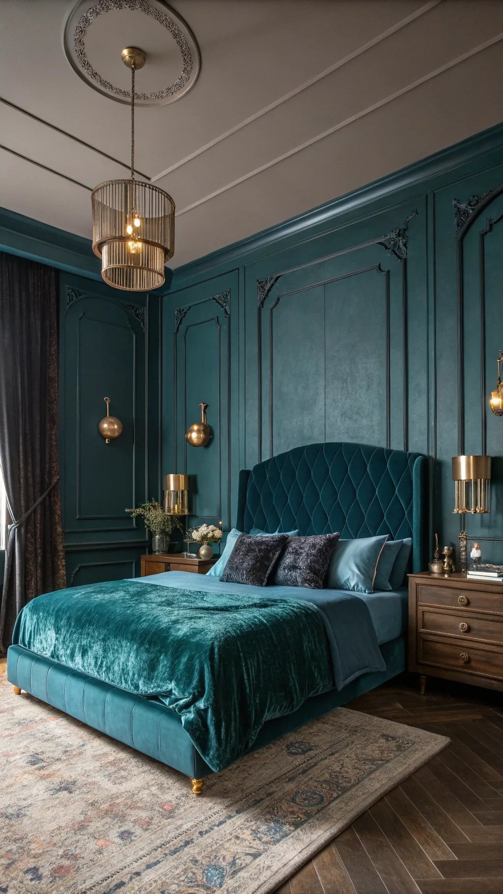 A stylish dark teal bedroom featuring plush velvet bedding, luxurious pillows, and elegant pendant lighting.