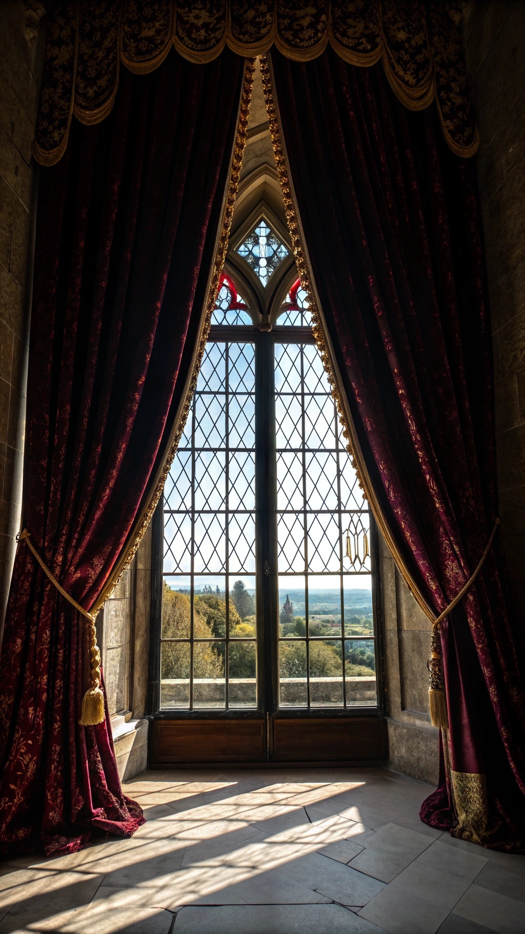 Whimsical Goth Room Decor: Crafting a Magical, Moody Sanctuary A window with dark velvet draperies framing a scenic view
