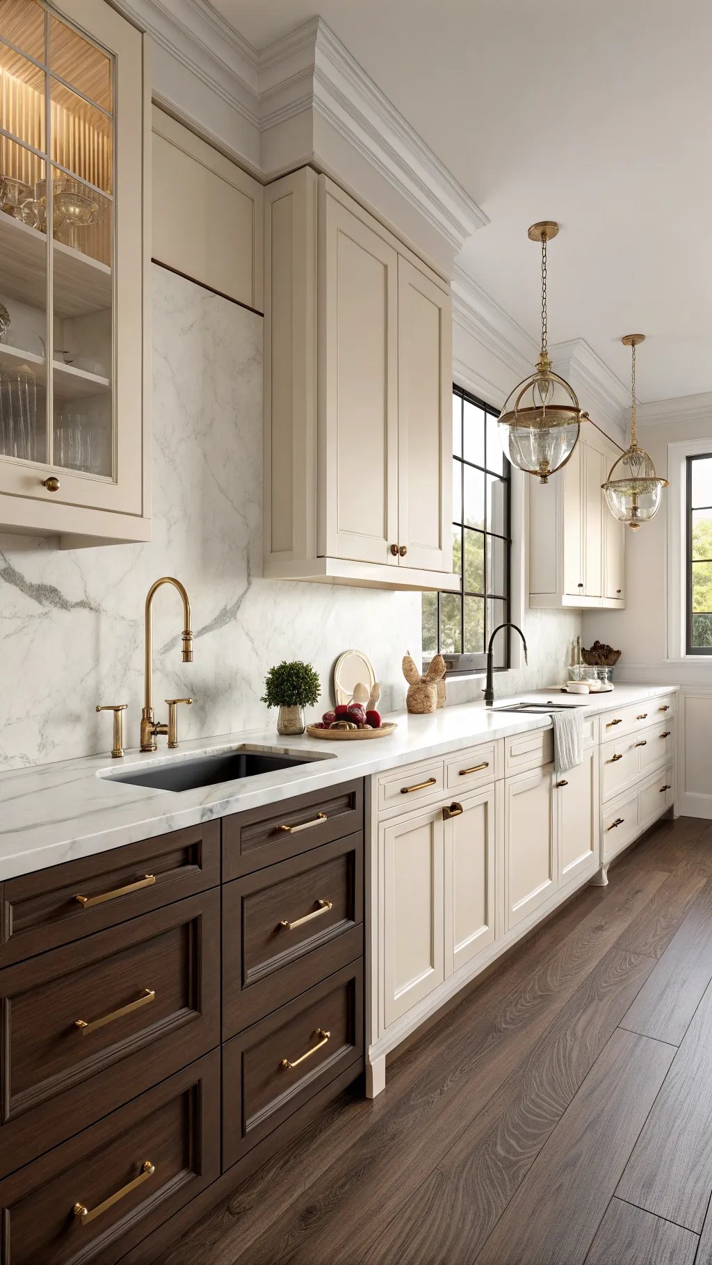 A warm kitchen showcasing dark wood cabinets and handles paired with cream-colored cabinetry.