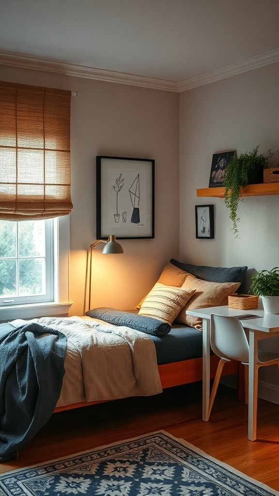A cozy dorm room with a bed, artwork on the walls, a lamp, and a small desk.