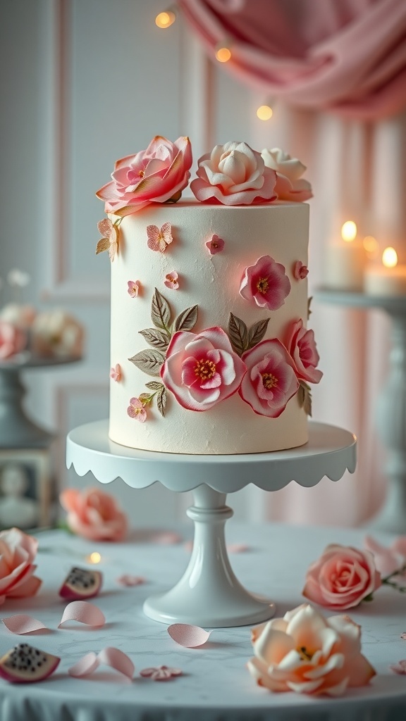 A beautifully decorated wedding cake featuring dragonfruit and vanilla flavors, adorned with pink sugar flowers and butterflies.