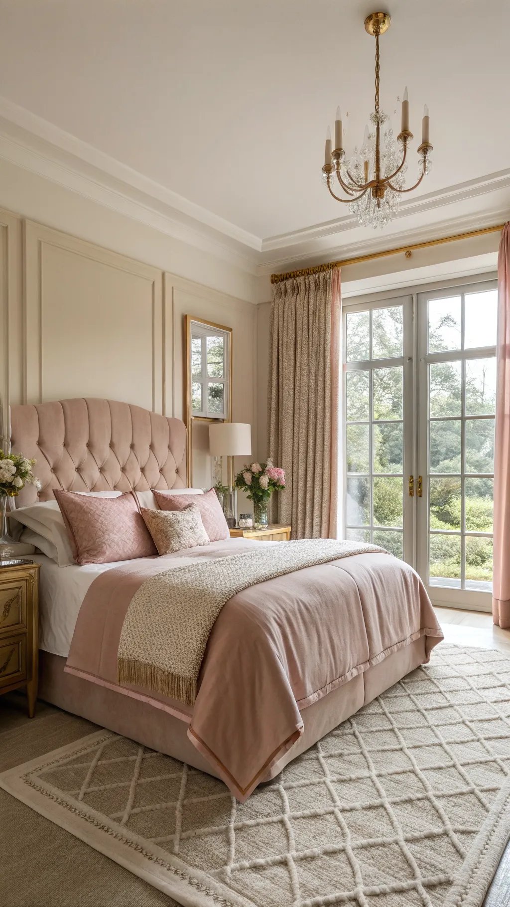 Dusty pink bedroom featuring a tufted headboard, elegant curtains, and decorative elements.