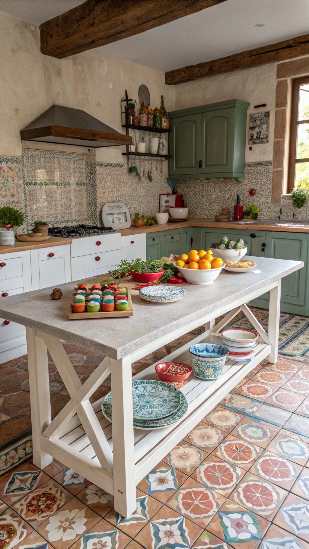 Farmhouse Kitchen Flooring: Rustic Charm Meets Modern Durability A farmhouse kitchen with colorful patterned tile flooring, showcasing a rustic design with wooden beams and a central island.