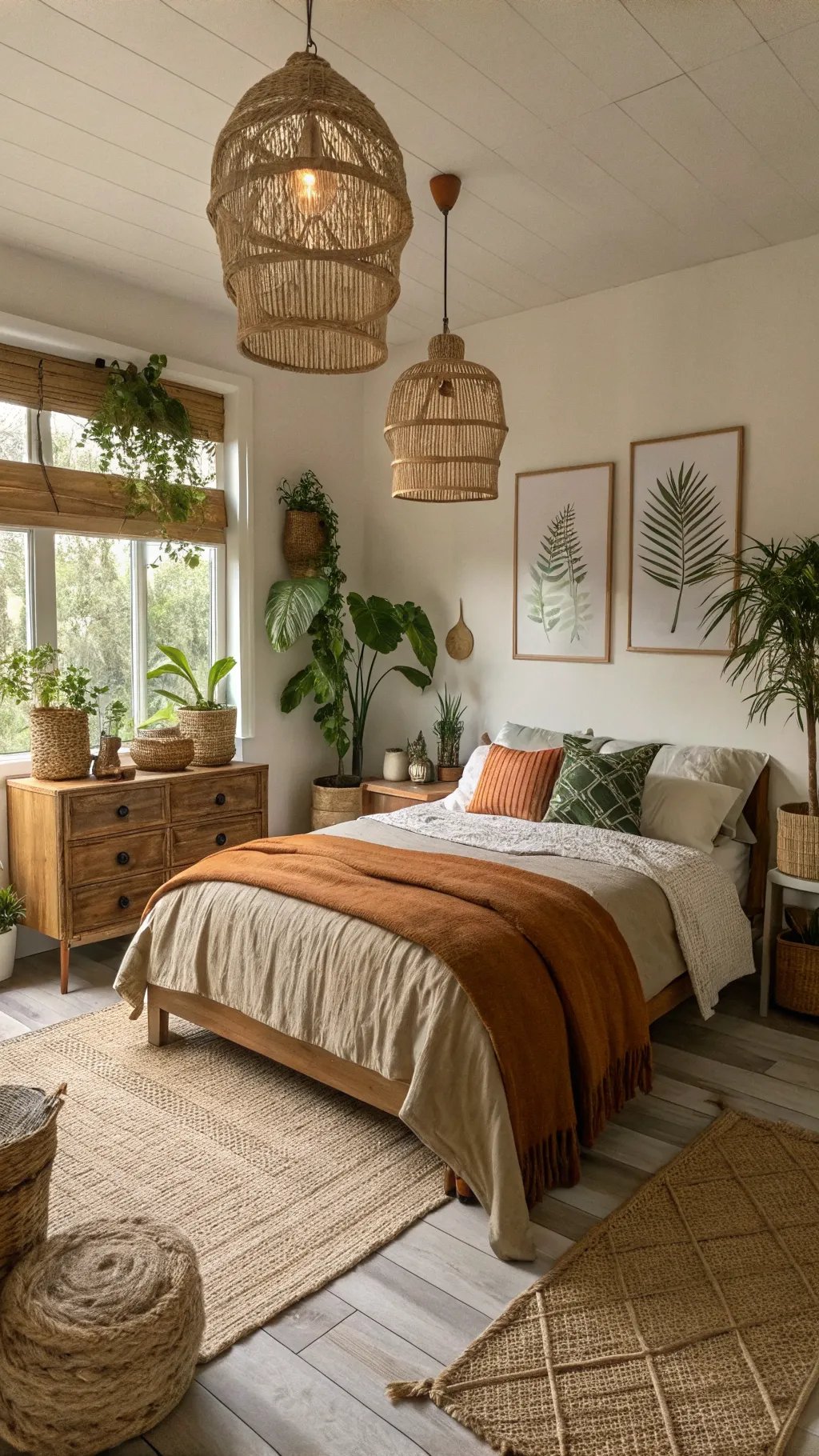 A cozy bedroom featuring warm natural tones, wooden furniture, and greenery.