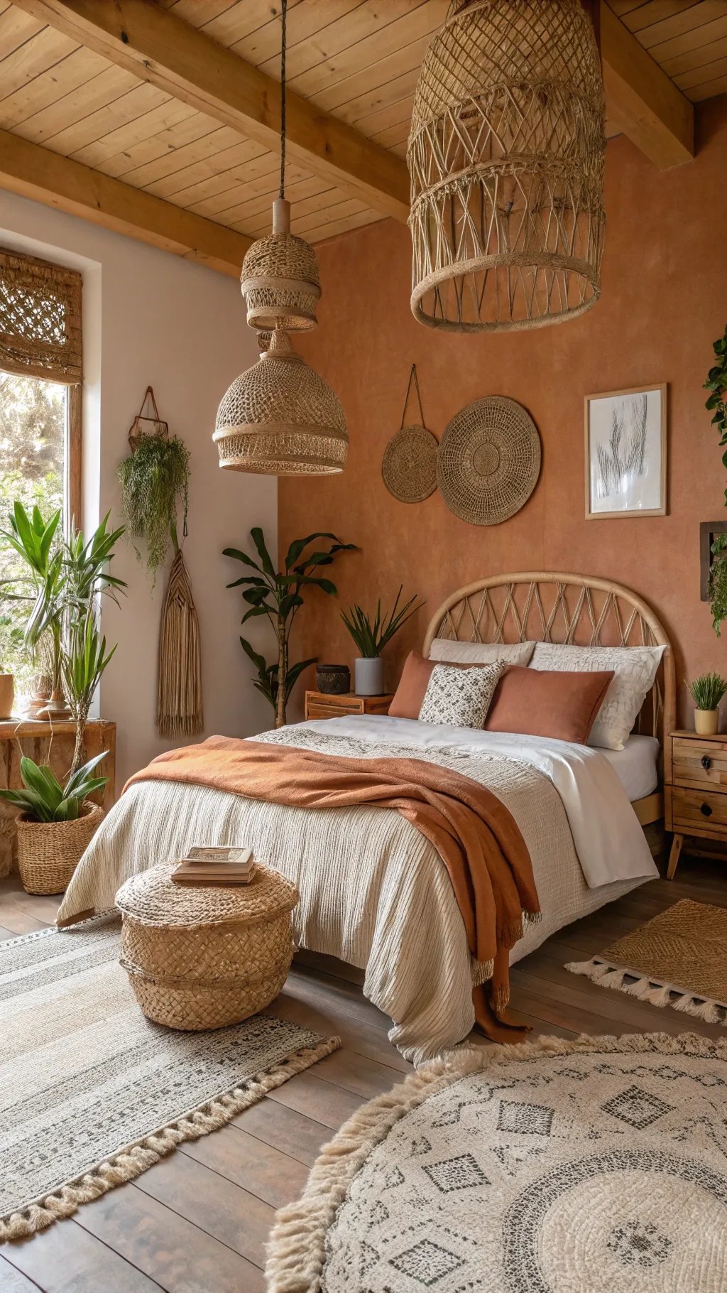 Cozy earthy boho bedroom with warm tones and natural textures.
