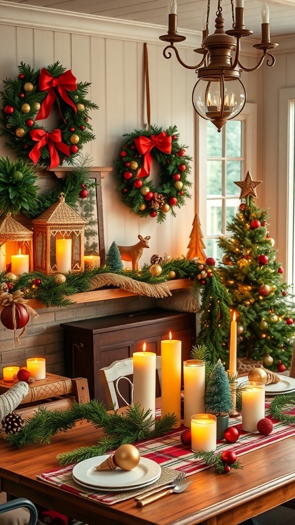 A cozy holiday decor scene featuring Christmas wreaths, candles, and a decorated tree.