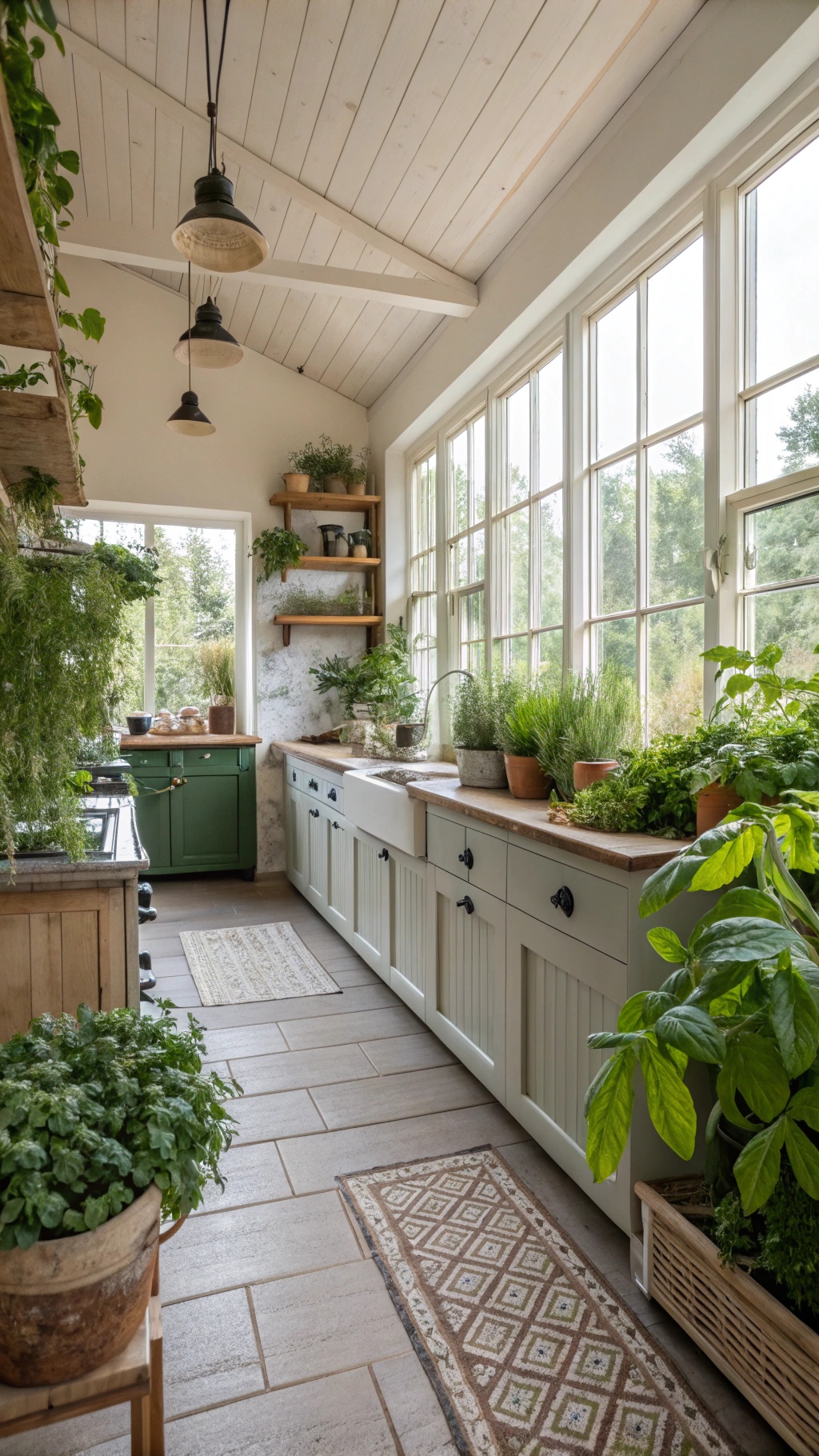 Farmhouse Kitchen Flooring: Rustic Charm Meets Modern Durability A bright farmhouse kitchen with large windows, plants, and eco-friendly flooring.