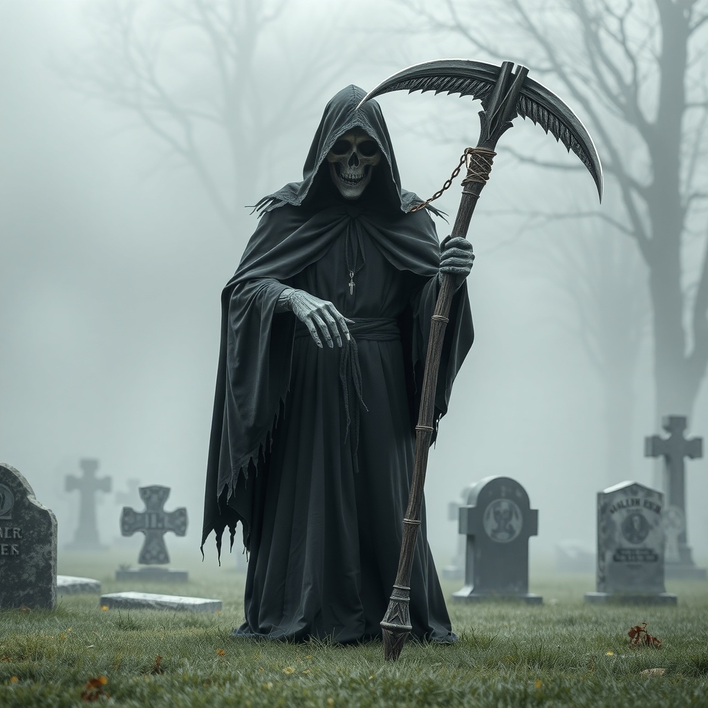 50 Spooktacular Halloween Costumes for Every Theme and Style A Grim Reaper figure in a foggy graveyard holding a scythe