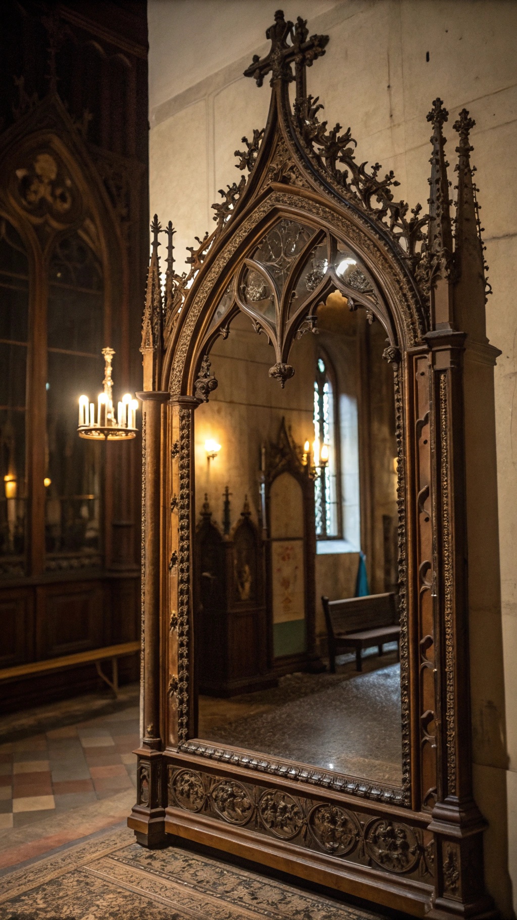 Whimsical Goth Room Decor: Crafting a Magical, Moody Sanctuary A large gothic mirror with an ornate frame, featuring pointed arches and intricate carvings, set in a dimly lit room.