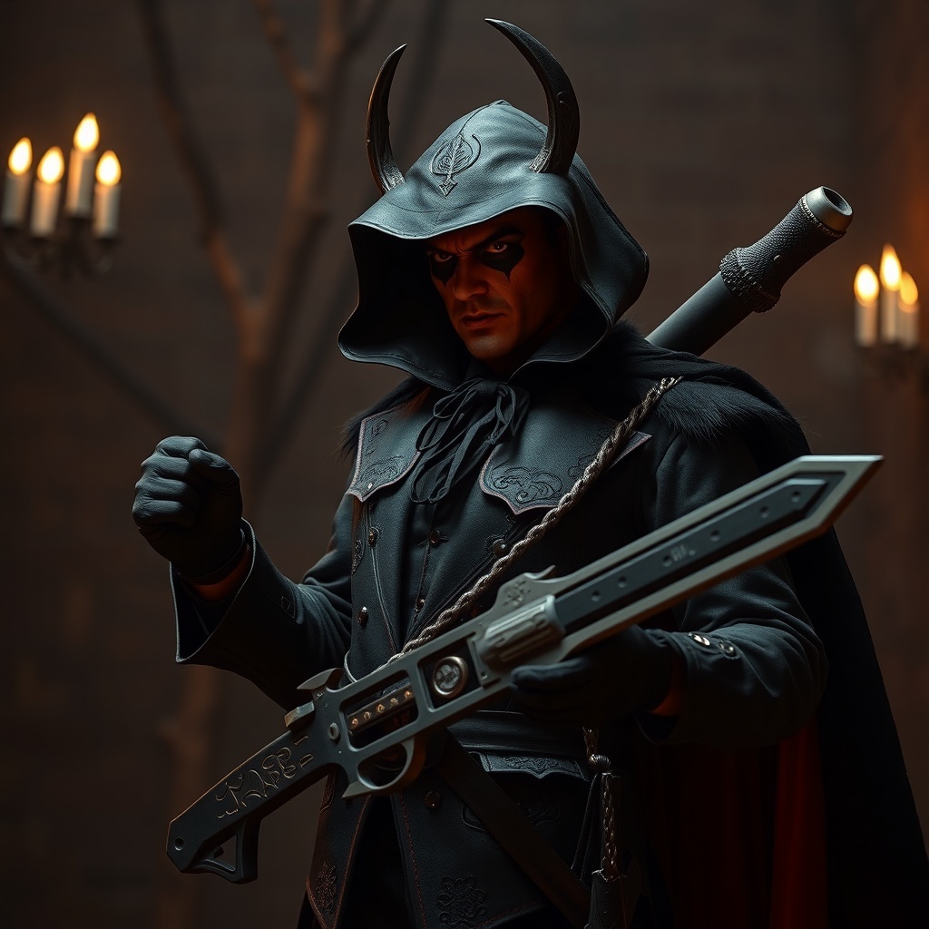 50 Spooktacular Halloween Costumes for Every Theme and Style A fierce vampire hunter in a dark cloak with horns, holding a sword, set against a spooky backdrop.