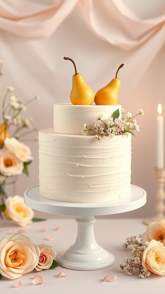 A beautiful two-tiered wedding cake decorated with pears and flowers.